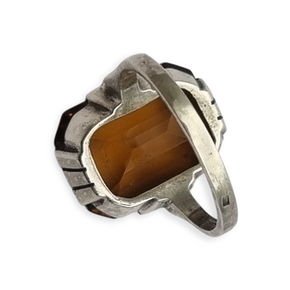 Art Deco geometric silver ring with smoked crystal, circa 1940-50