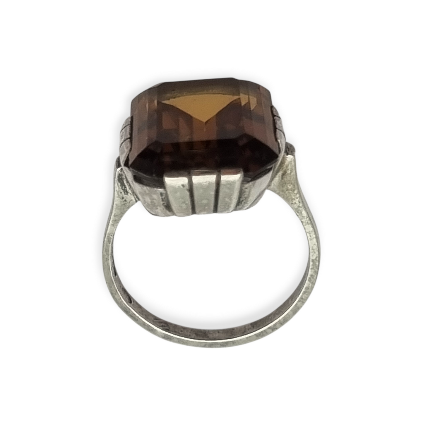 Art Deco geometric silver ring with smoked crystal, circa 1940-50
