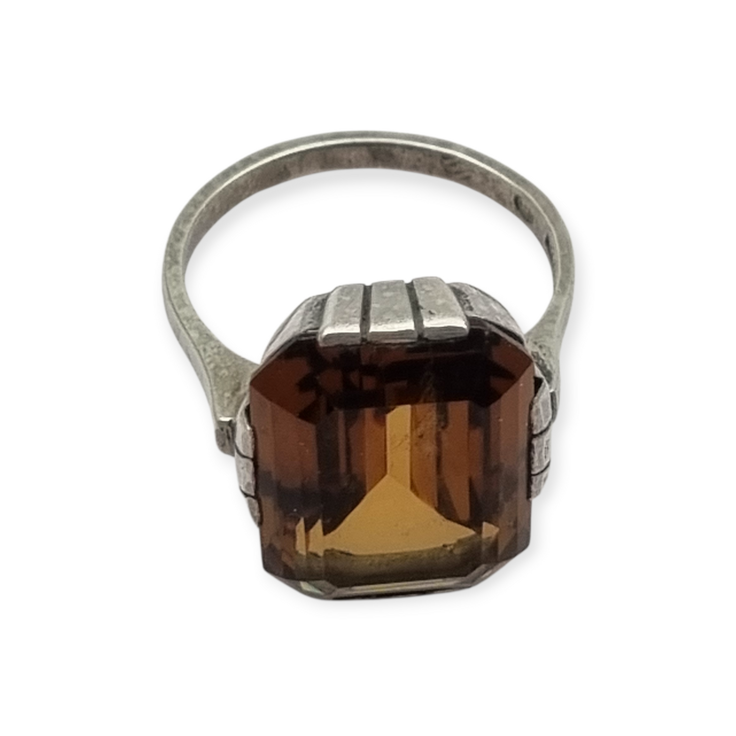 Art Deco geometric silver ring with smoked crystal, circa 1940-50