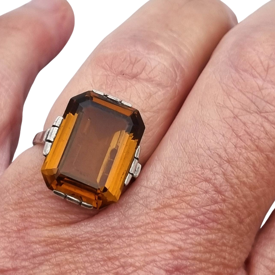 Art Deco geometric silver ring with smoked crystal, circa 1940-50
