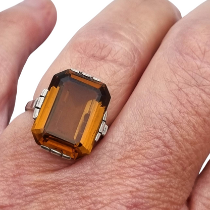 Art Deco geometric silver ring with smoked crystal, circa 1940-50