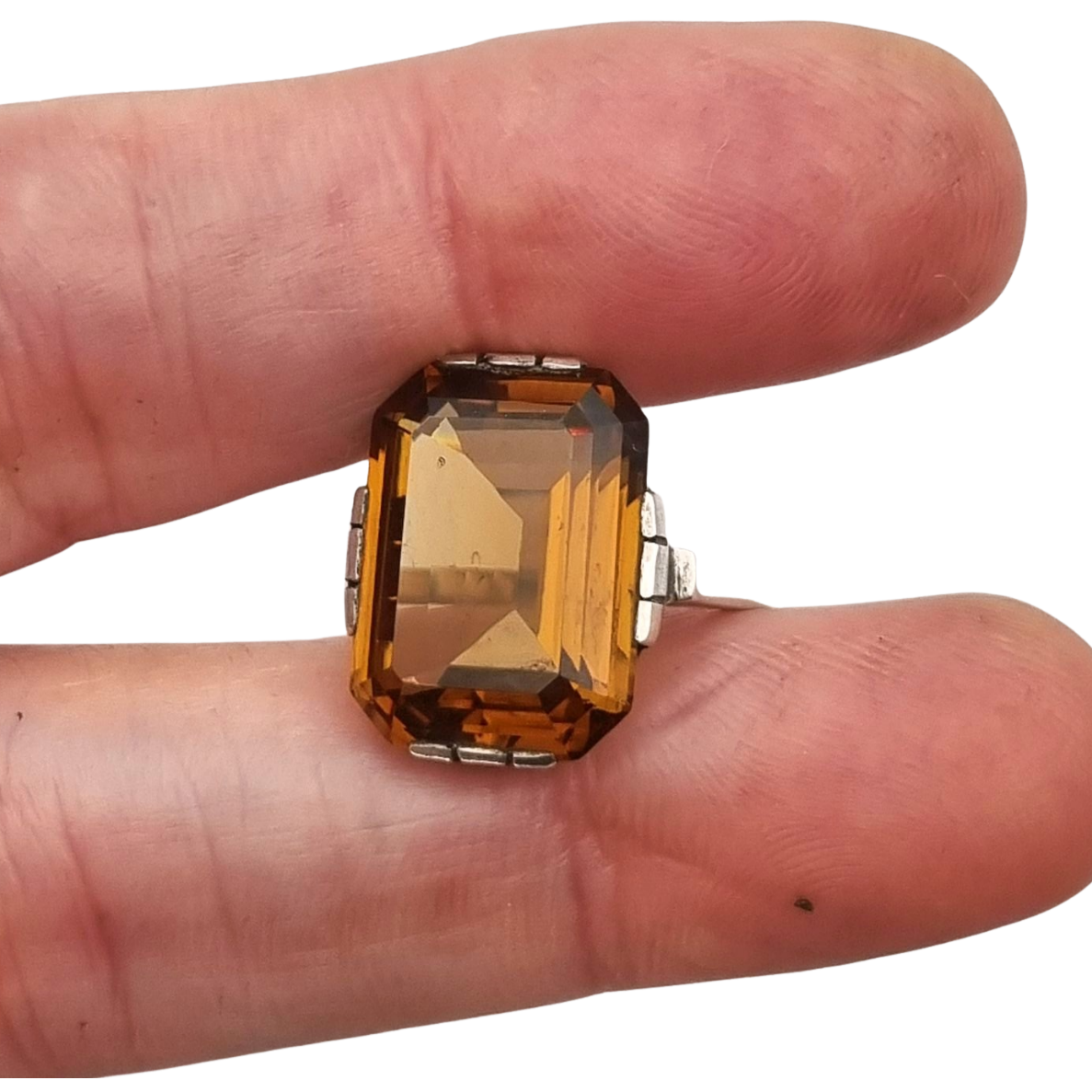 Art Deco geometric silver ring with smoked crystal, circa 1940-50
