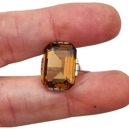 Art Deco geometric silver ring with smoked crystal, circa 1940-50