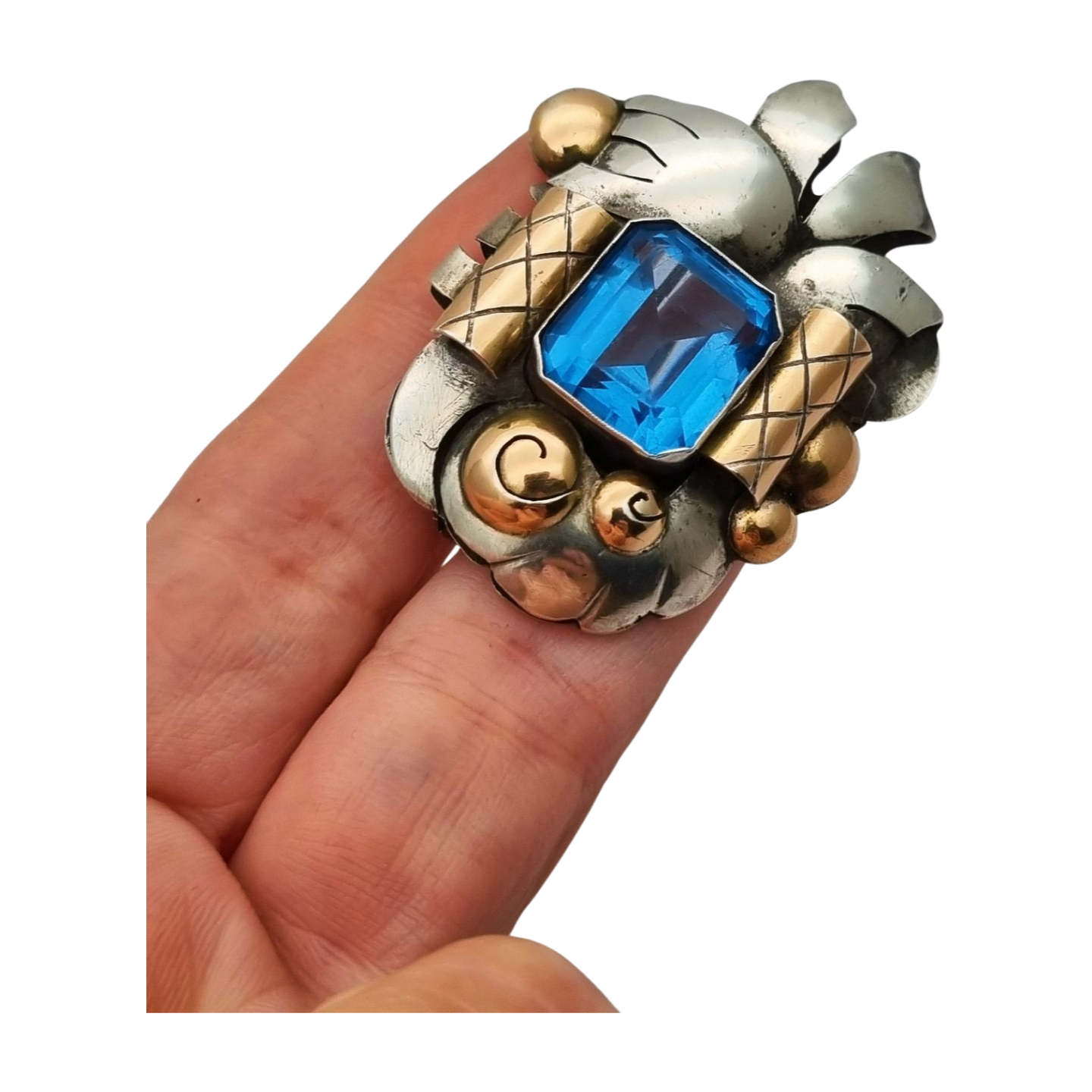 Art Deco Catalan brooch in silver with gold accents and simulated aquamarine, circa 1930-1940