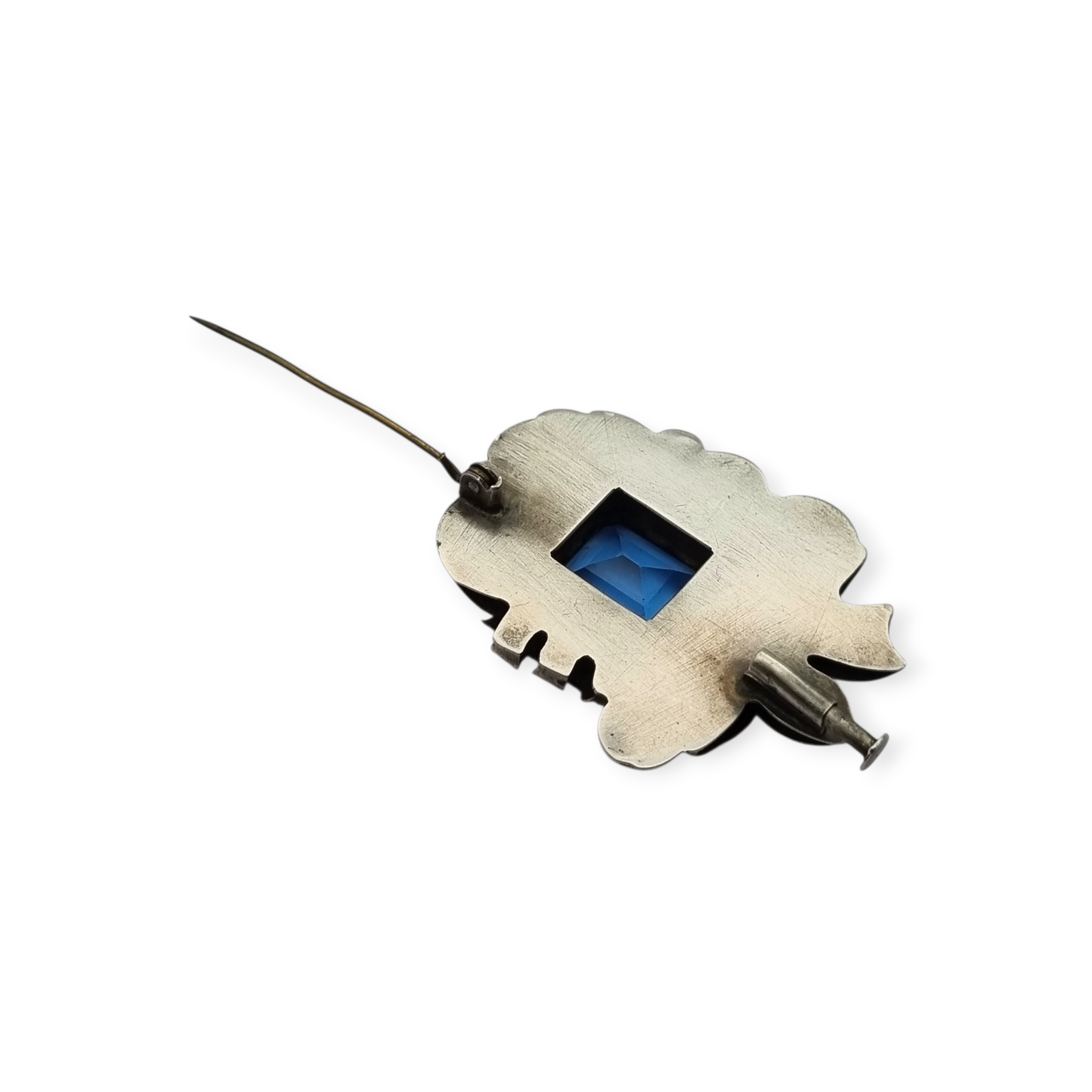 Art Deco Catalan brooch in silver with gold accents and simulated aquamarine, circa 1930-1940