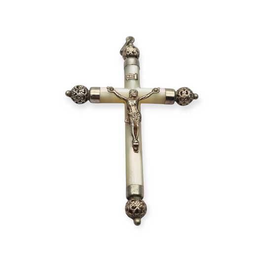 Religious mother-of-pearl and silver hanging cross with Christ, Europe circa 1930-40