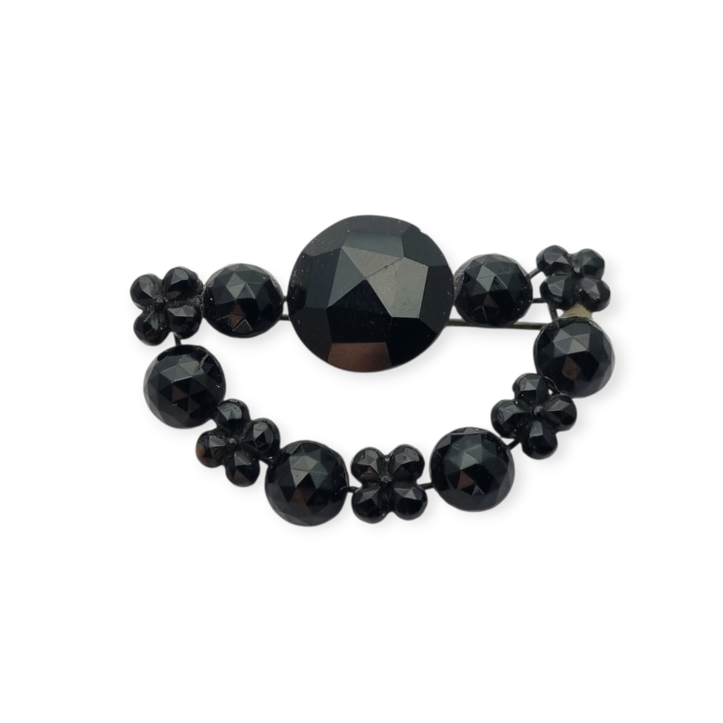 Victorian crescent moon brooch, black crystal mourning jewelry, France 1890-1910