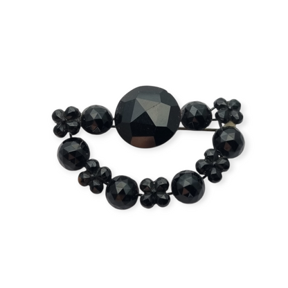 Victorian crescent moon brooch, black crystal mourning jewelry, France 1890-1910