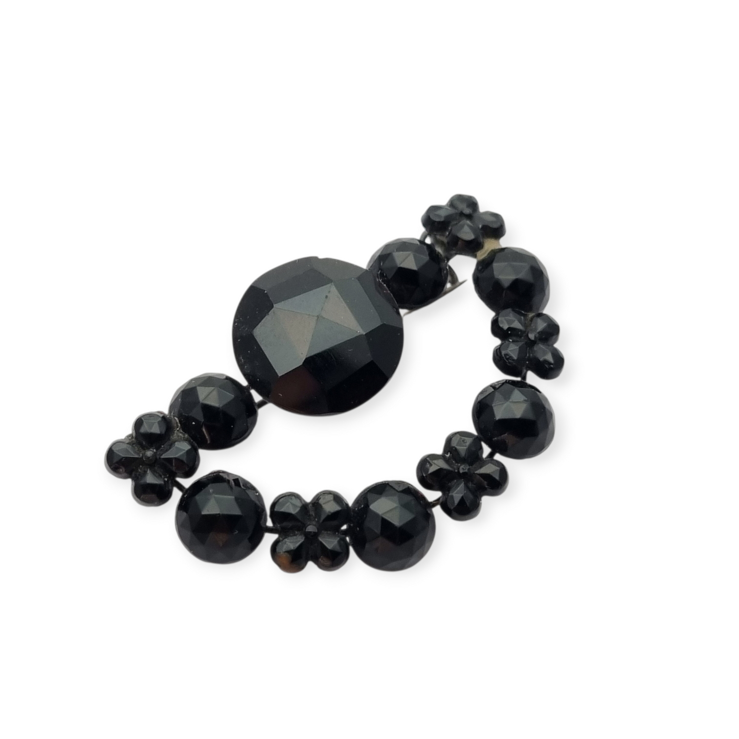 Victorian crescent moon brooch, black crystal mourning jewelry, France 1890-1910