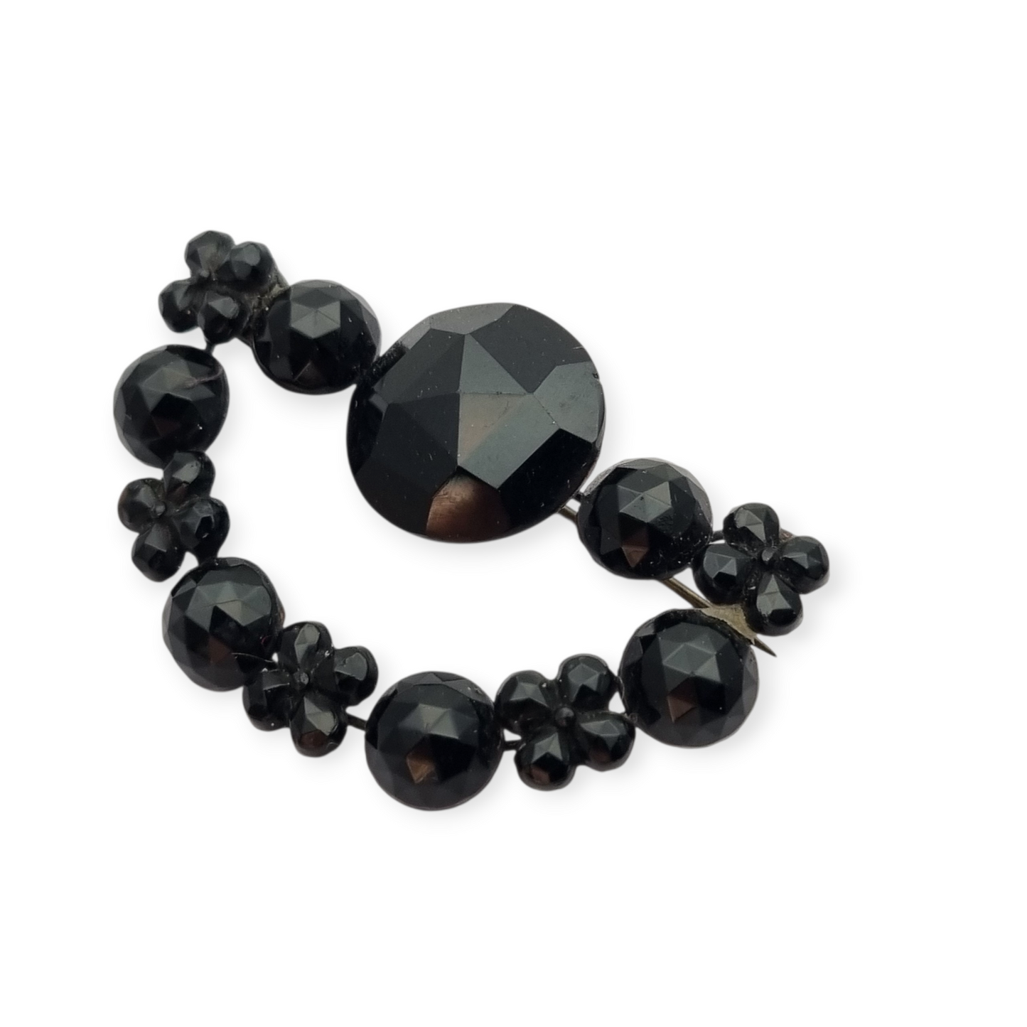 Victorian crescent moon brooch, black crystal mourning jewelry, France 1890-1910