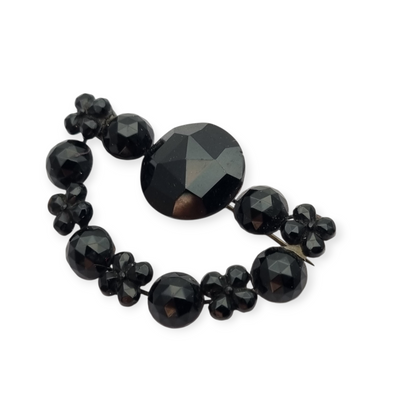 Victorian crescent moon brooch, black crystal mourning jewelry, France 1890-1910