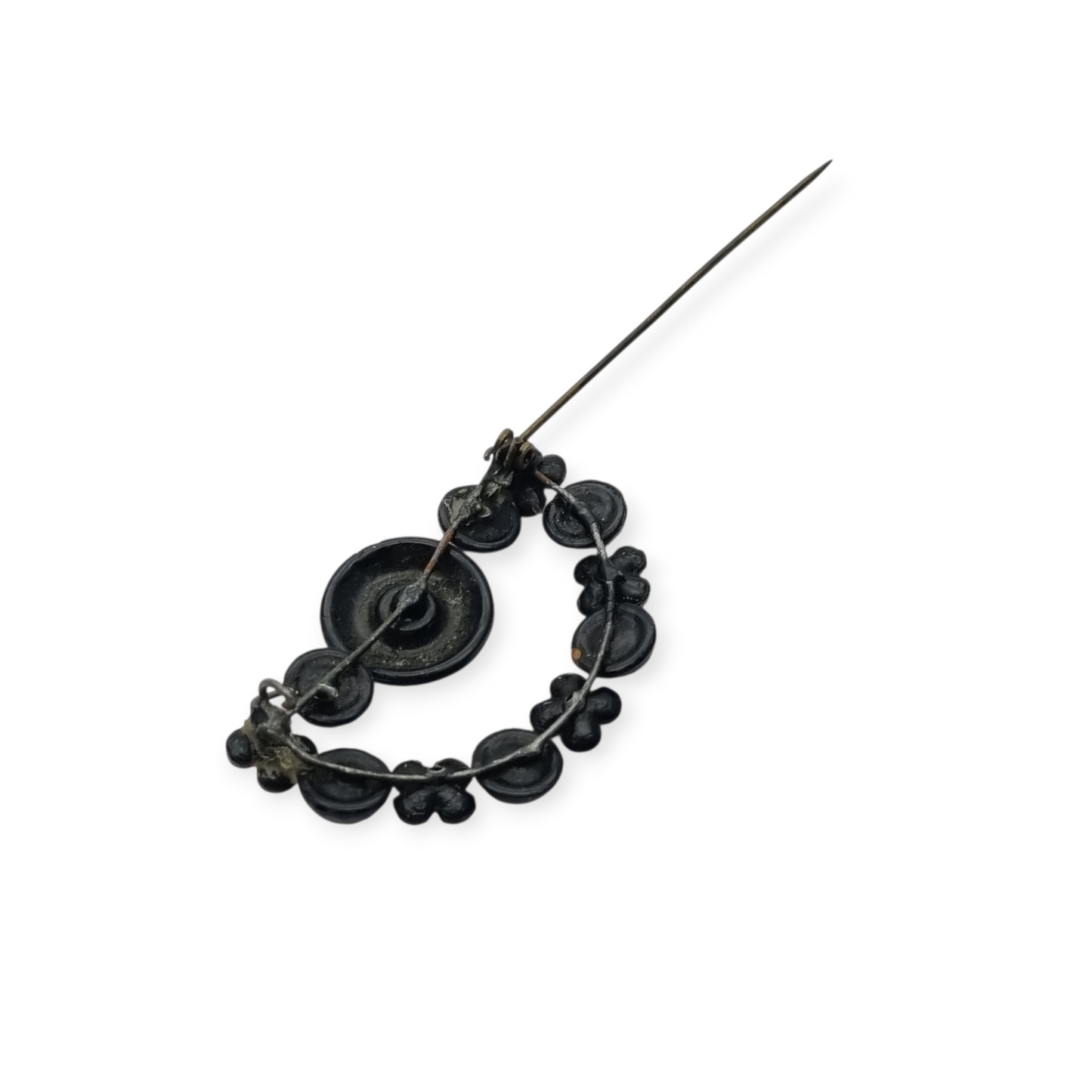 Victorian crescent moon brooch, black crystal mourning jewelry, France 1890-1910