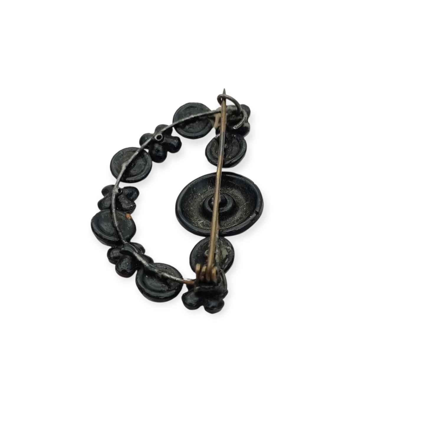 Victorian crescent moon brooch, black crystal mourning jewelry, France 1890-1910