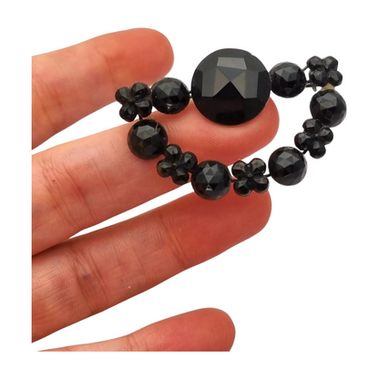 Victorian crescent moon brooch, black crystal mourning jewelry, France 1890-1910