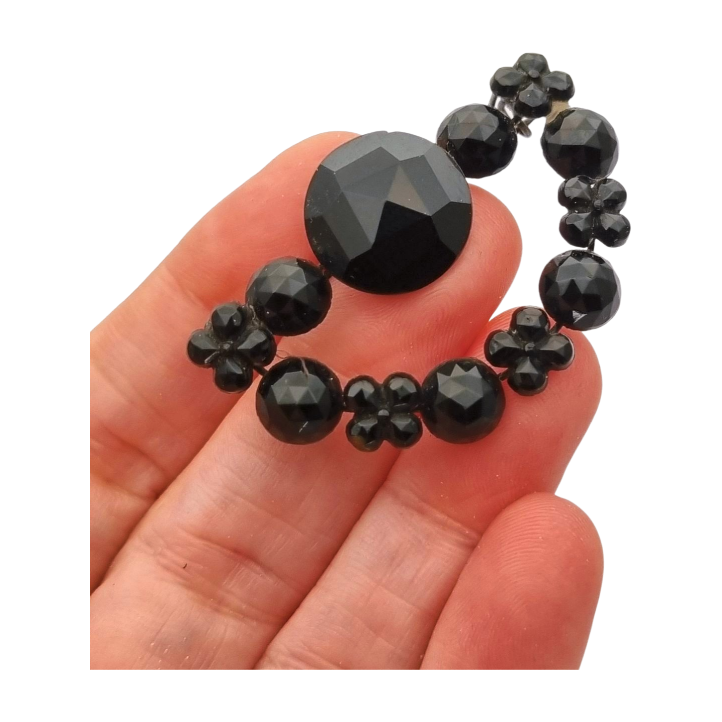 Victorian crescent moon brooch, black crystal mourning jewelry, France 1890-1910