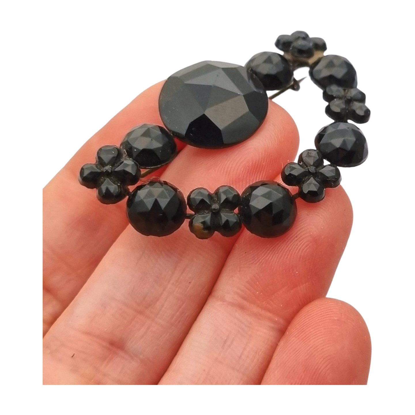 Victorian crescent moon brooch, black crystal mourning jewelry, France 1890-1910