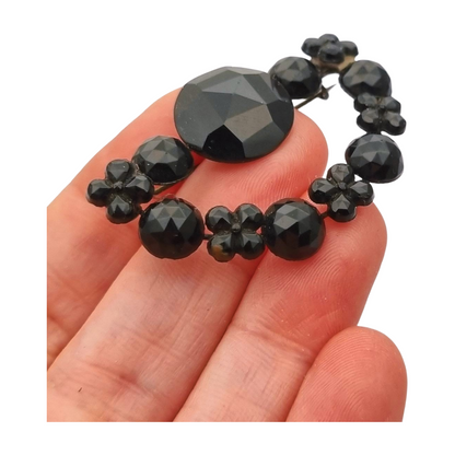 Victorian crescent moon brooch, black crystal mourning jewelry, France 1890-1910