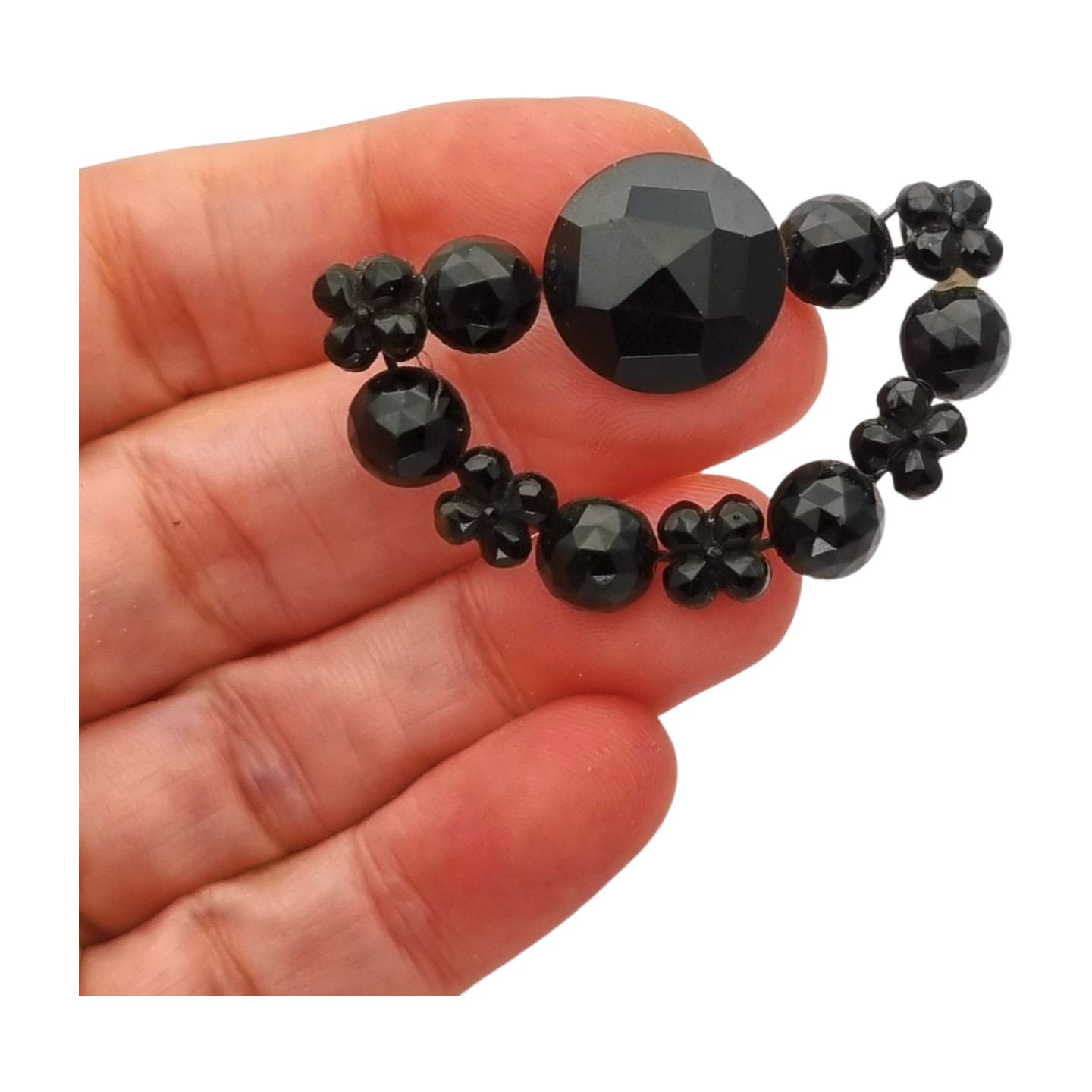 Victorian crescent moon brooch, black crystal mourning jewelry, France 1890-1910
