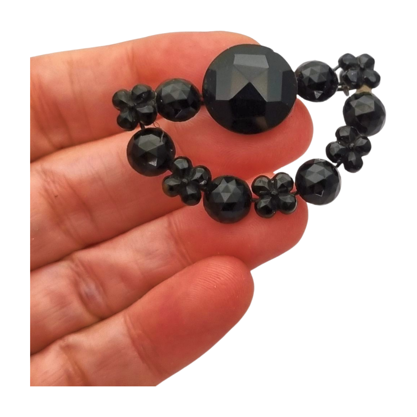 Victorian crescent moon brooch, black crystal mourning jewelry, France 1890-1910