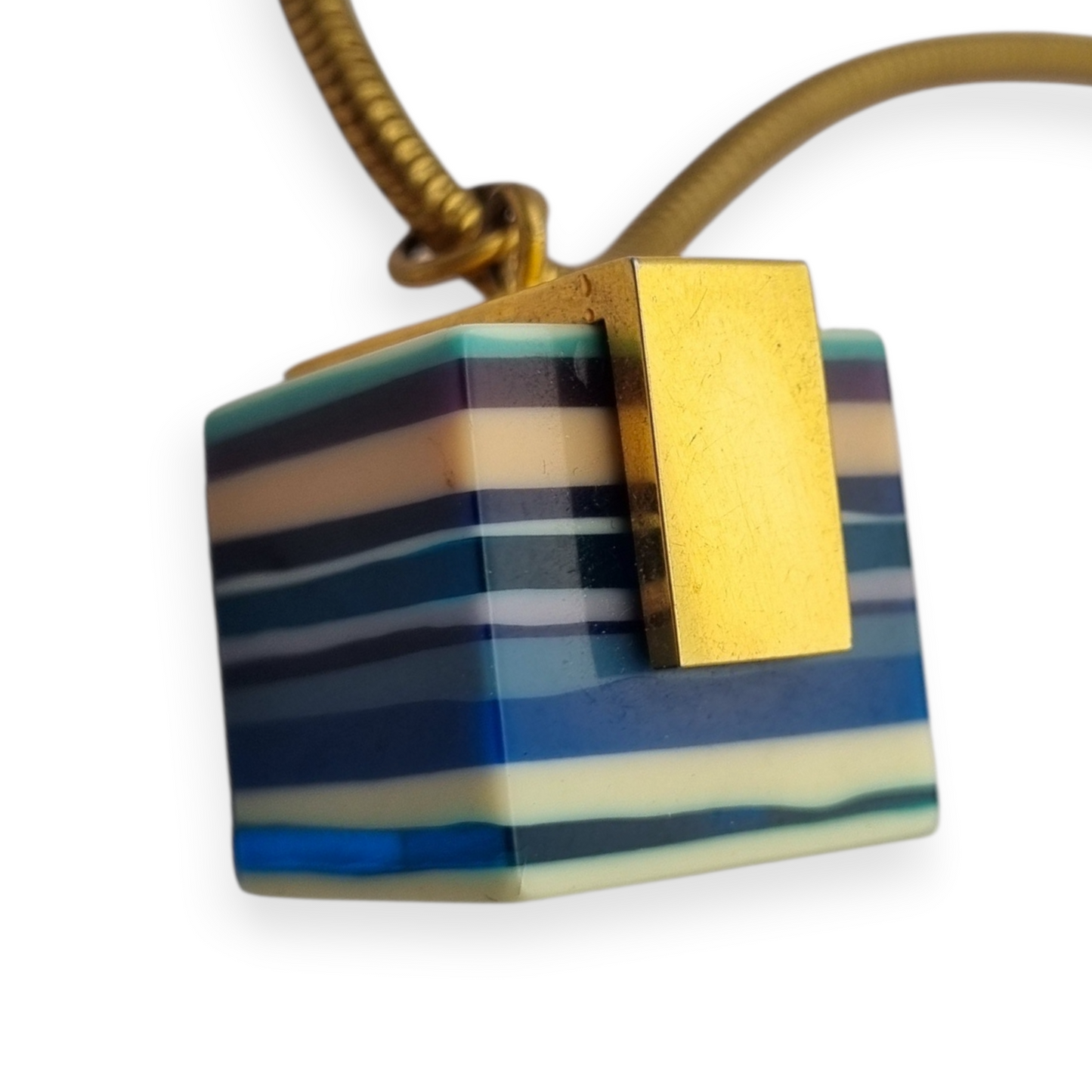 Vintage pop art resin striped blue multicolored pendant with gold metal circa 1980s