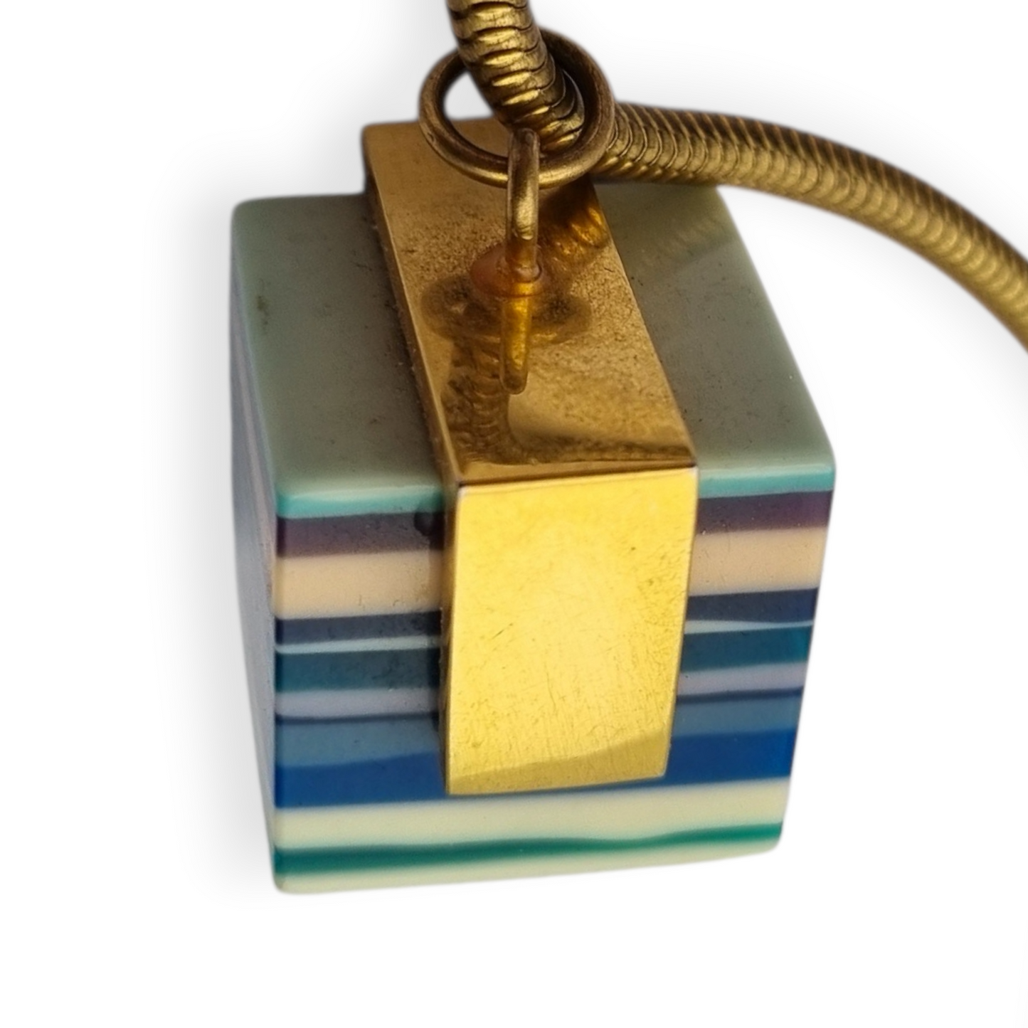 Vintage pop art resin striped blue multicolored pendant with gold metal circa 1980s