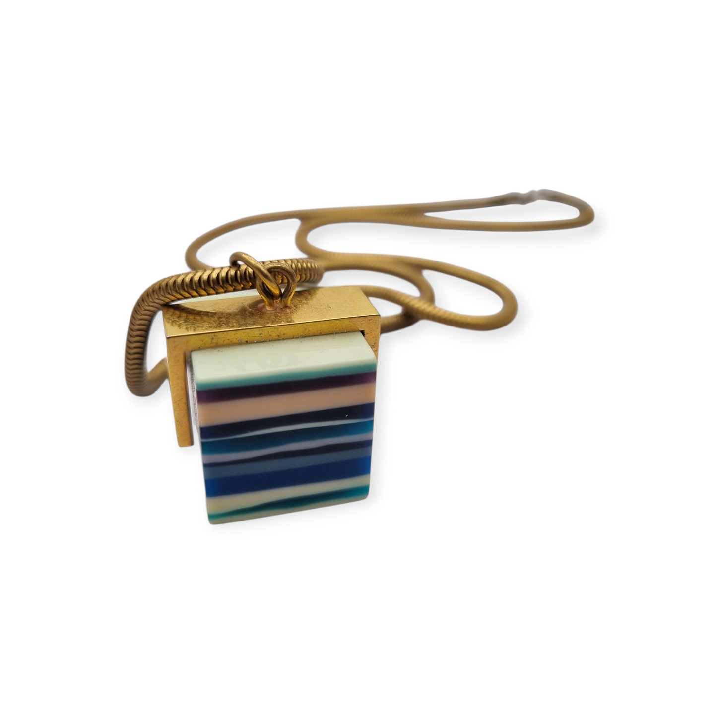 Vintage pop art resin striped blue multicolored pendant with gold metal circa 1980s