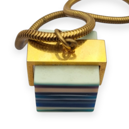 Vintage pop art resin striped blue multicolored pendant with gold metal circa 1980s