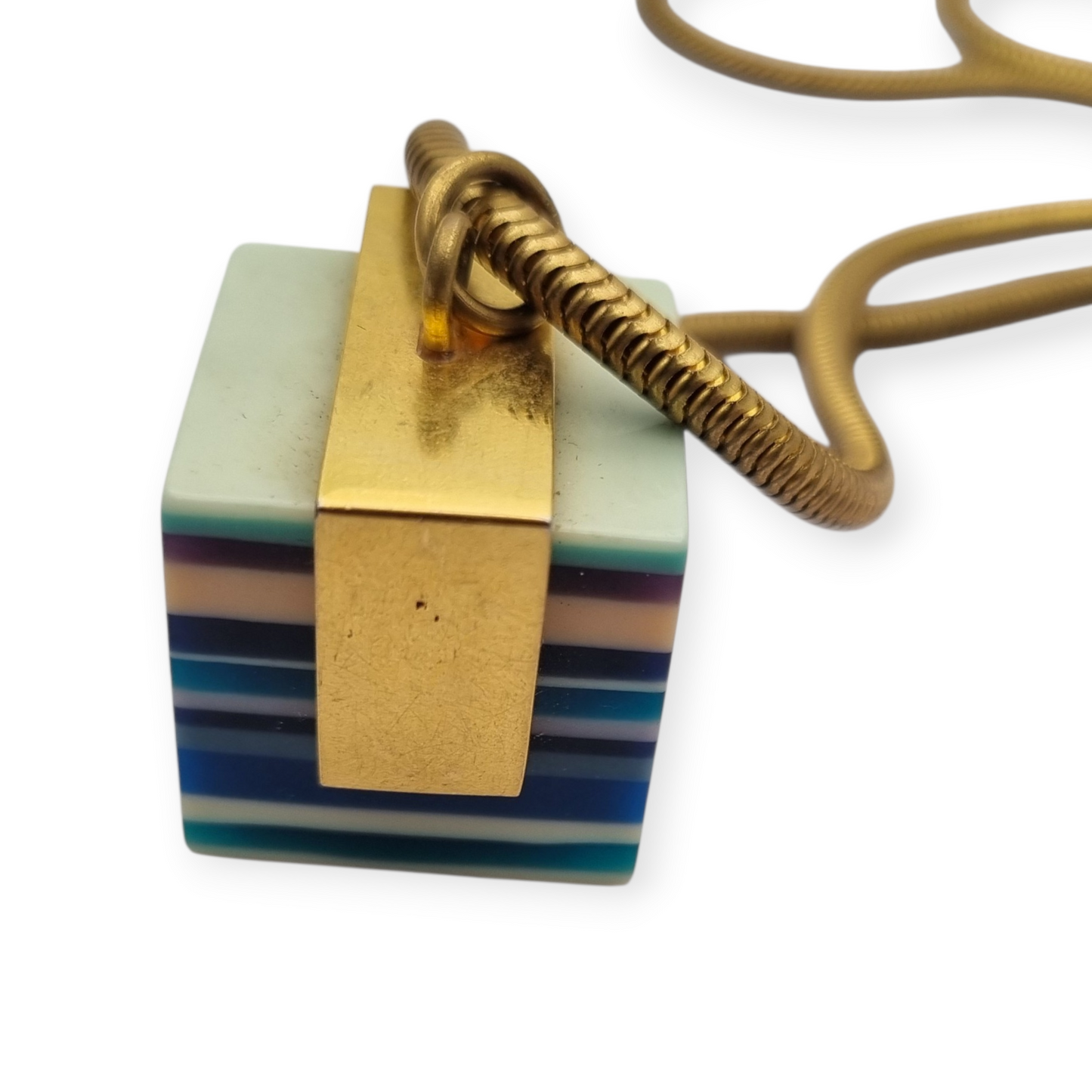 Vintage pop art resin striped blue multicolored pendant with gold metal circa 1980s