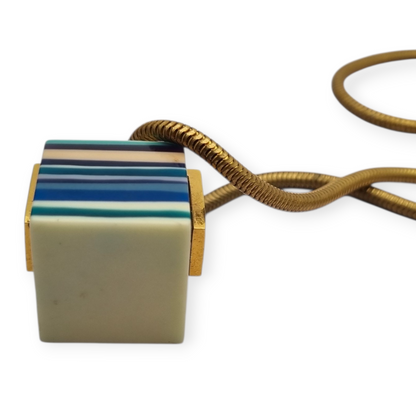 Vintage pop art resin striped blue multicolored pendant with gold metal circa 1980s