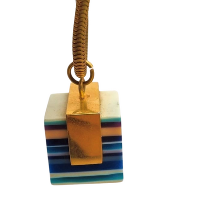 Vintage pop art resin striped blue multicolored pendant with gold metal circa 1980s