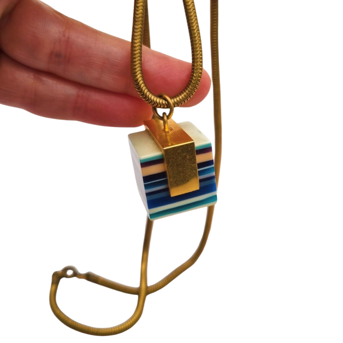Vintage pop art resin striped blue multicolored pendant with gold metal circa 1980s