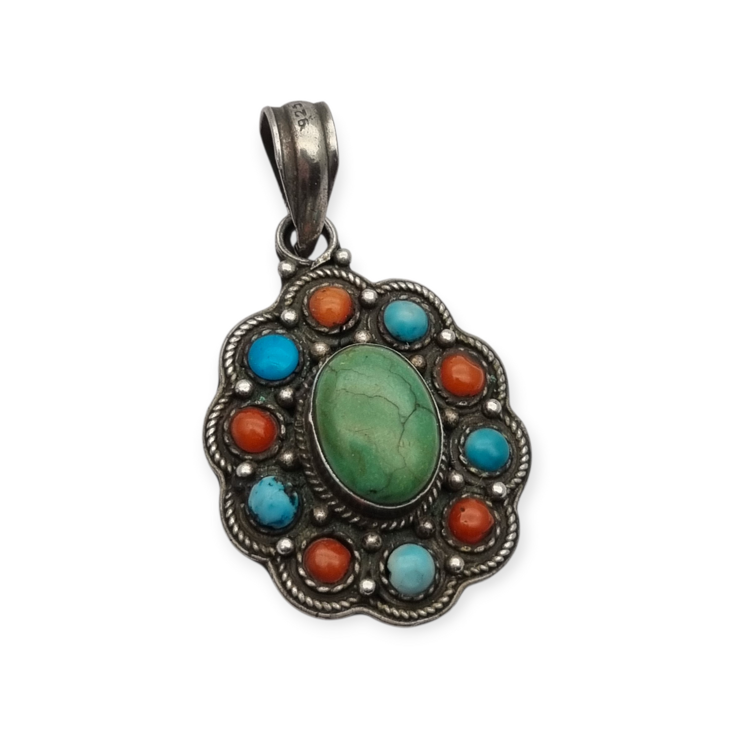 Boho ethnic pendant in 925 silver with colored stones circa 1970