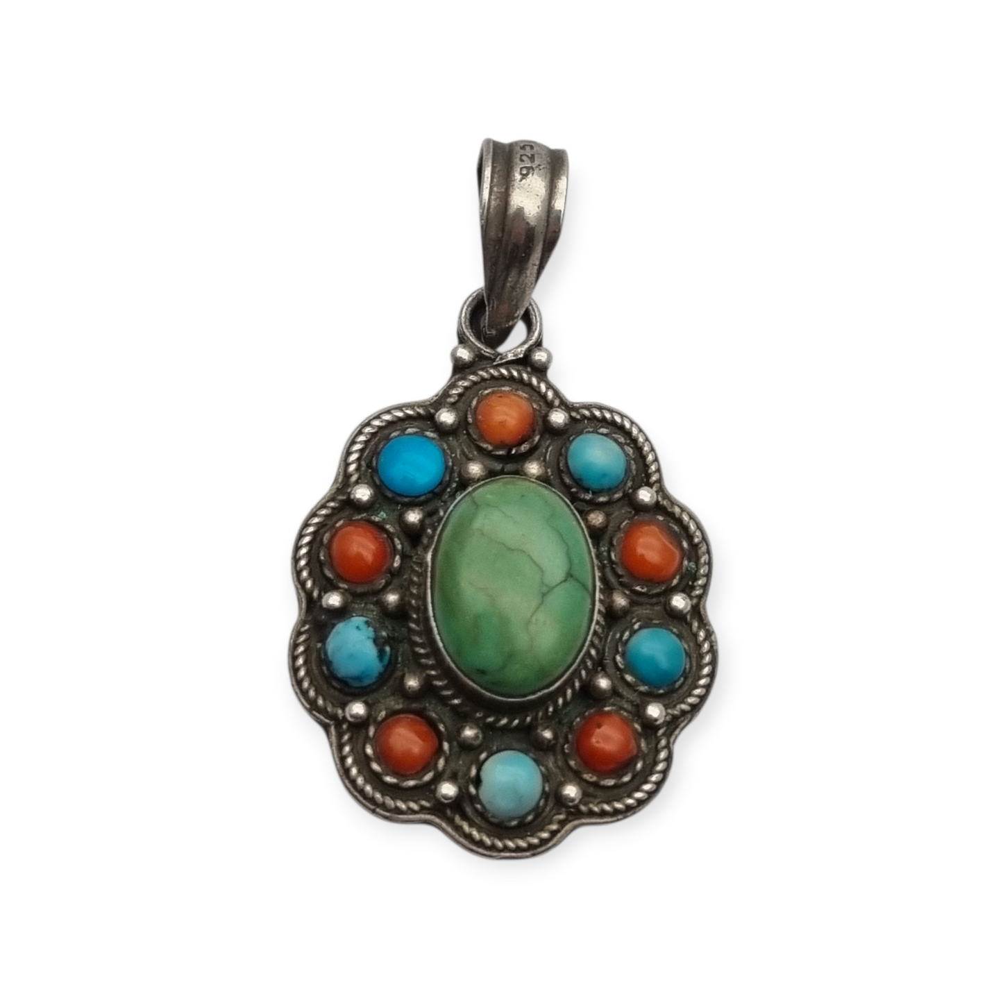 Boho ethnic pendant in 925 silver with colored stones circa 1970