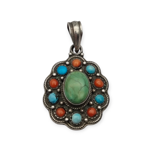 Colgante boho étnico en plata 925 con piedras de colores circa 1970