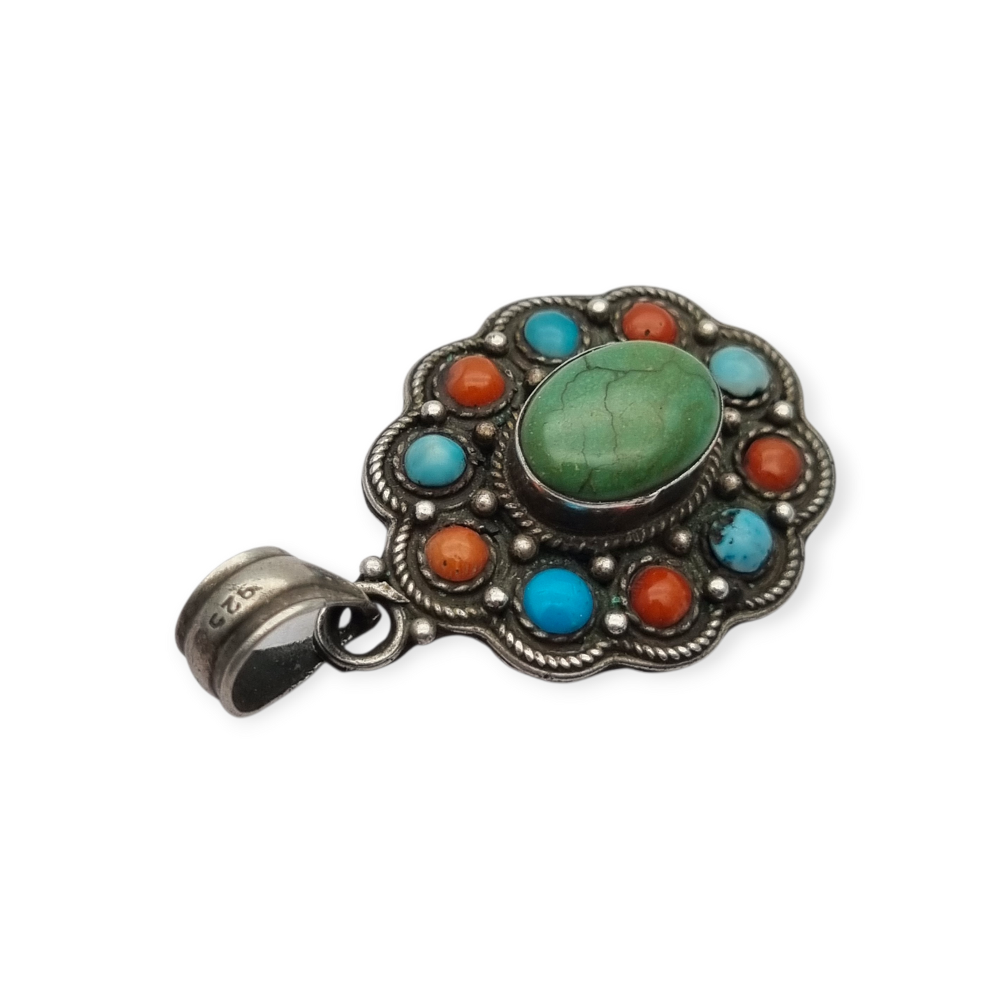 Boho ethnic pendant in 925 silver with colored stones circa 1970