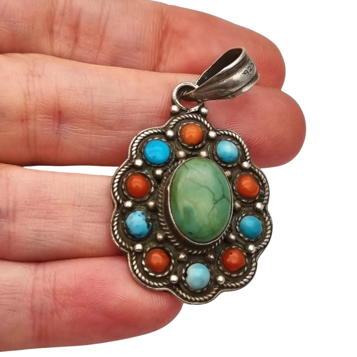Boho ethnic pendant in 925 silver with colored stones circa 1970