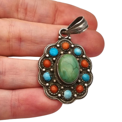 Boho ethnic pendant in 925 silver with colored stones circa 1970