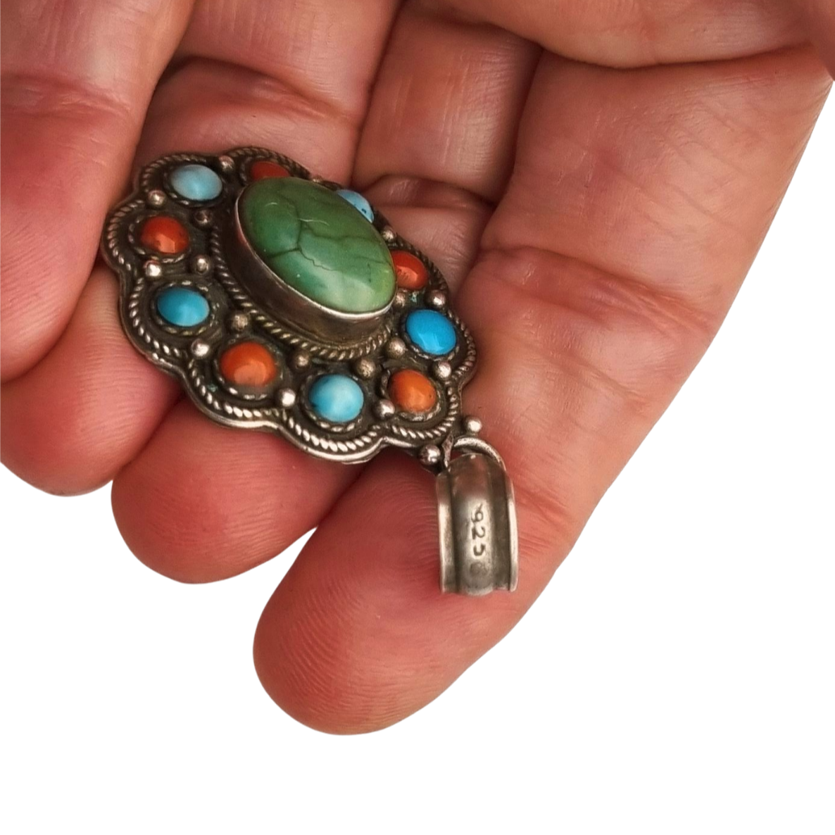 Boho ethnic pendant in 925 silver with colored stones circa 1970