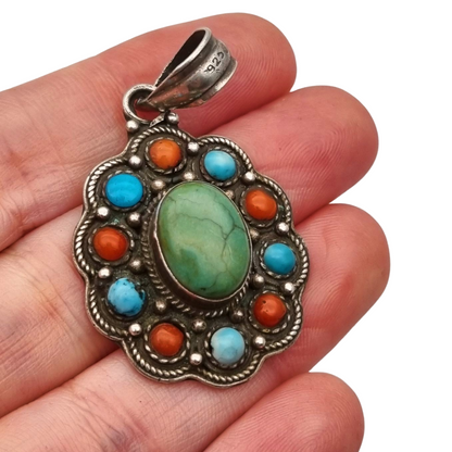 Boho ethnic pendant in 925 silver with colored stones circa 1970