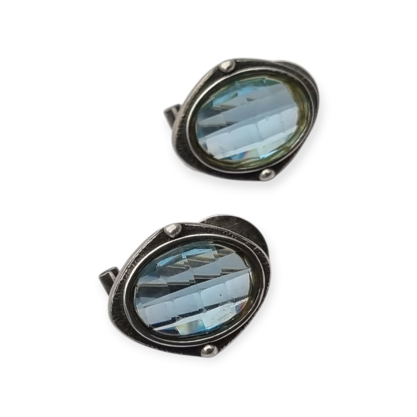Oval silver earrings with faceted blue stone, circa 1980-90