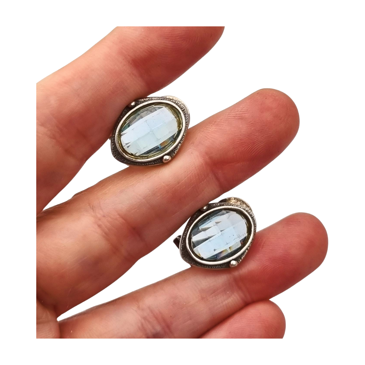 Oval silver earrings with faceted blue stone, circa 1980-90