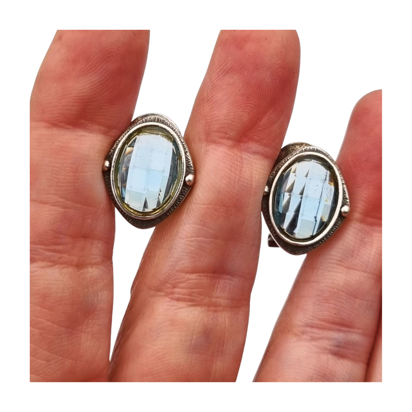 Oval silver earrings with faceted blue stone, circa 1980-90