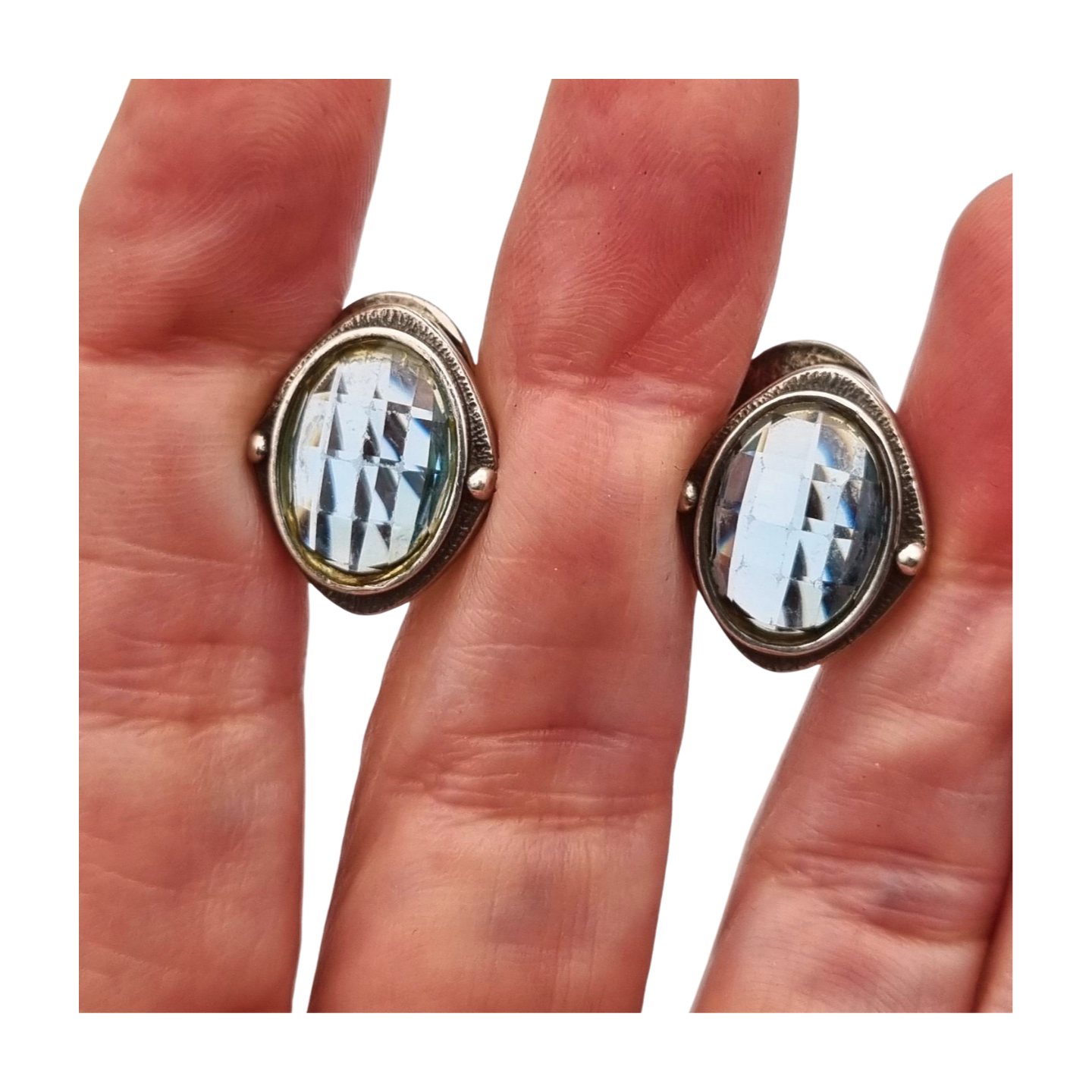 Oval silver earrings with faceted blue stone, circa 1980-90