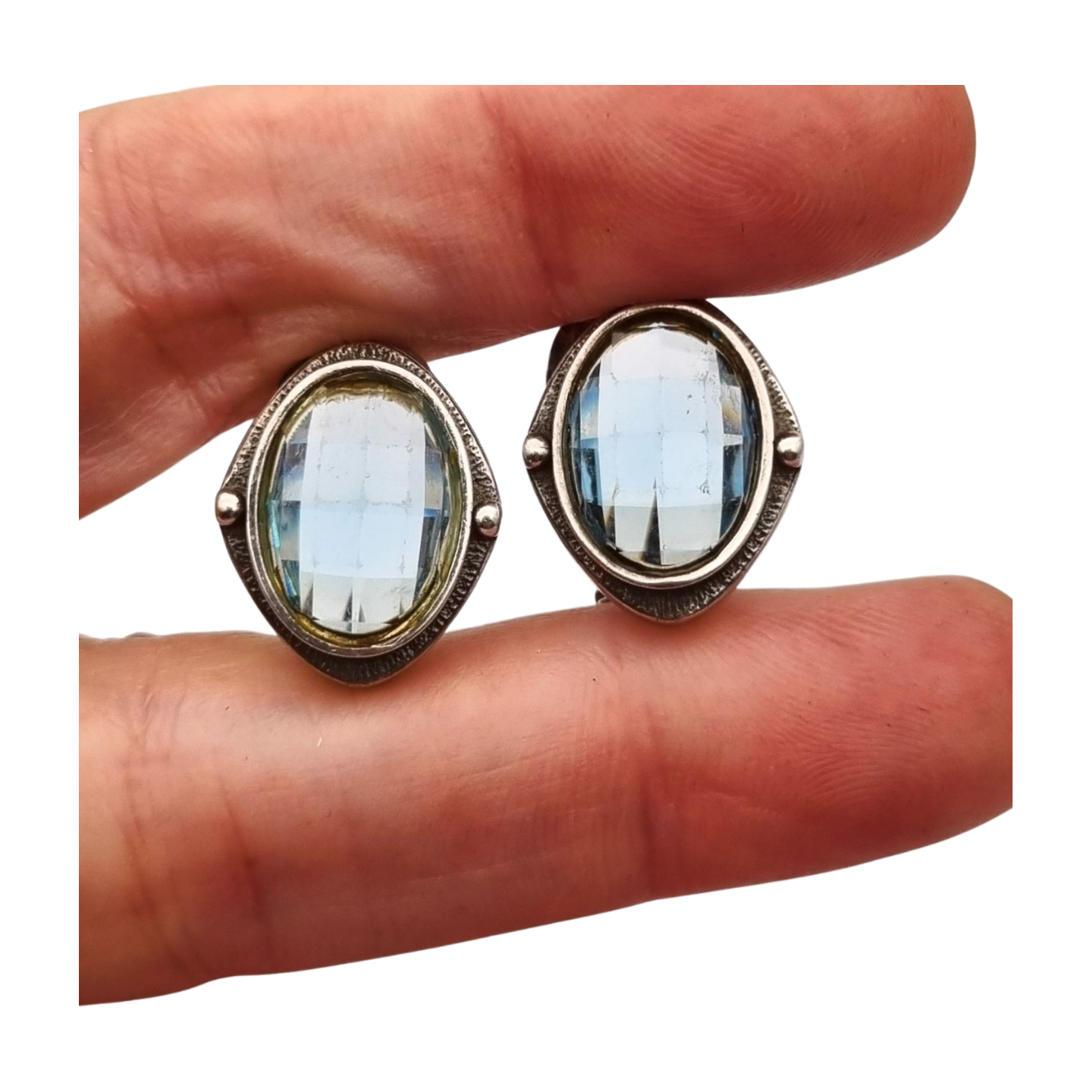Oval silver earrings with faceted blue stone, circa 1980-90