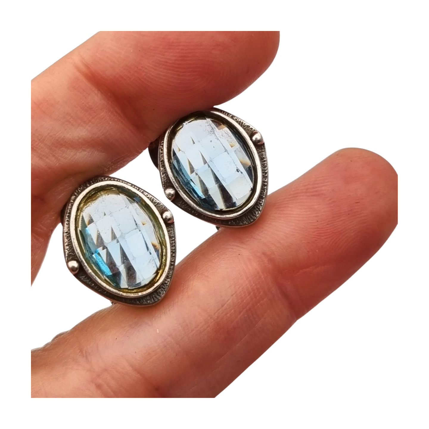 Oval silver earrings with faceted blue stone, circa 1980-90