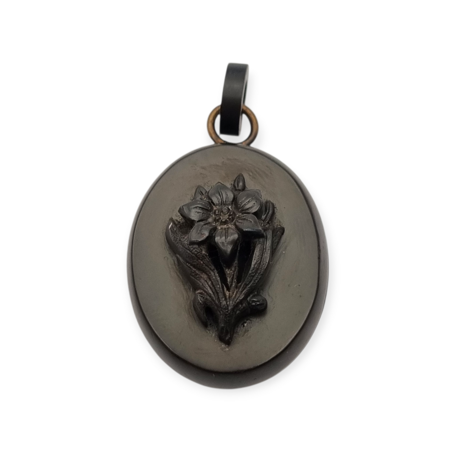 Guardapelo floral Victoriano antiguo de vulcanita, circa 1880-1900, joyería de luto
