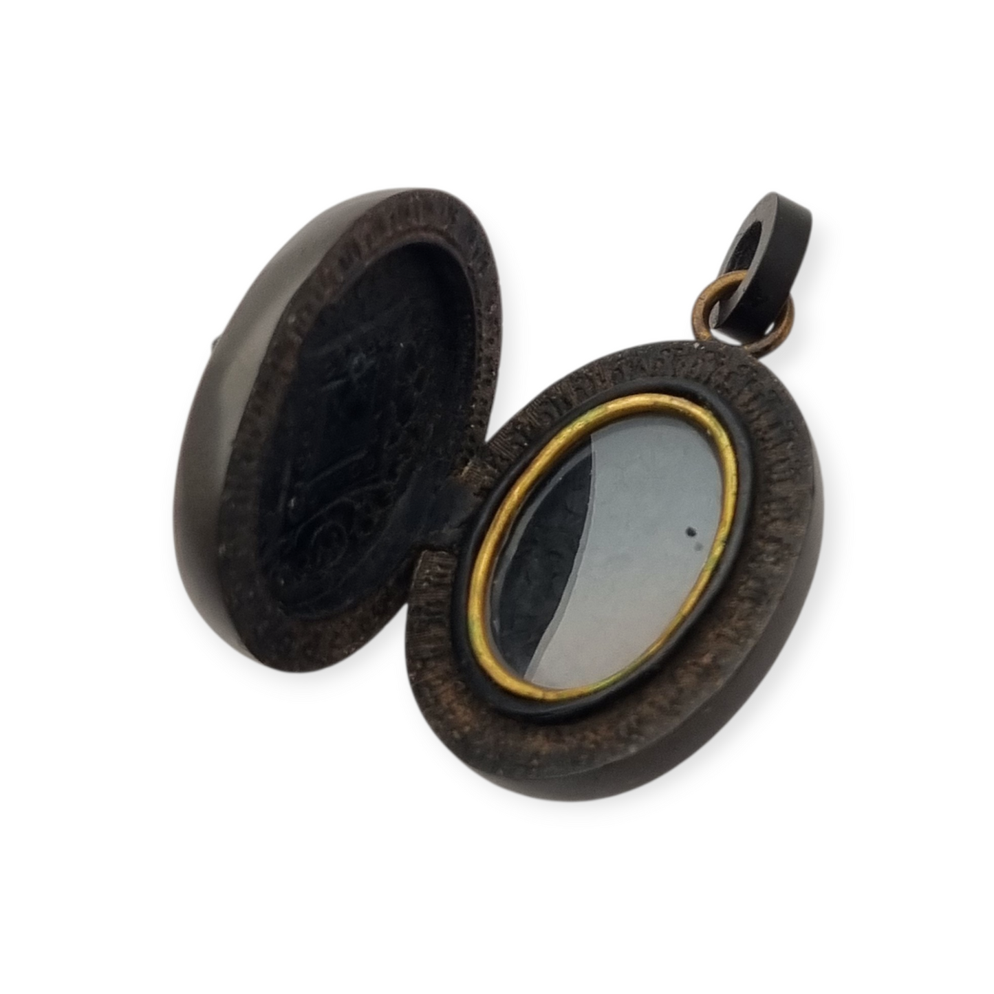 Guardapelo floral Victoriano antiguo de vulcanita, circa 1880-1900, joyería de luto