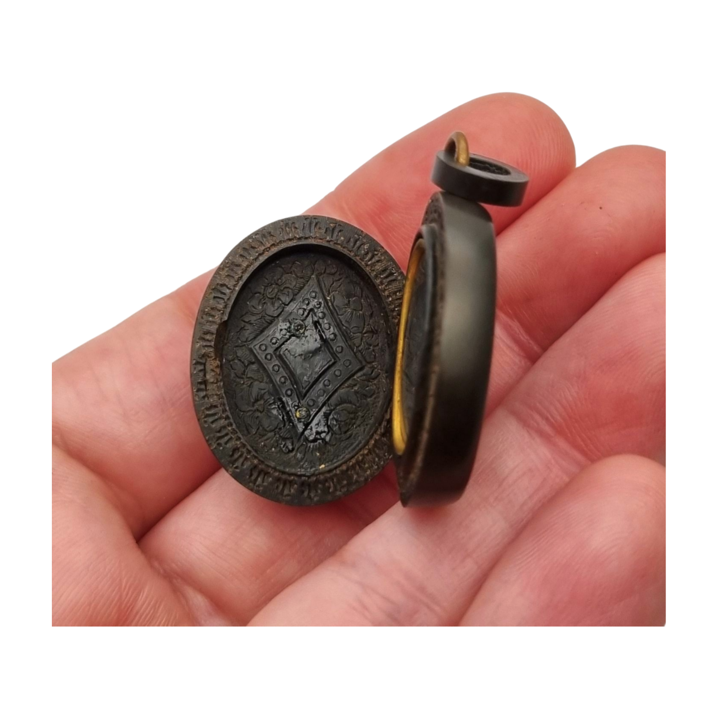 Guardapelo floral Victoriano antiguo de vulcanita, circa 1880-1900, joyería de luto