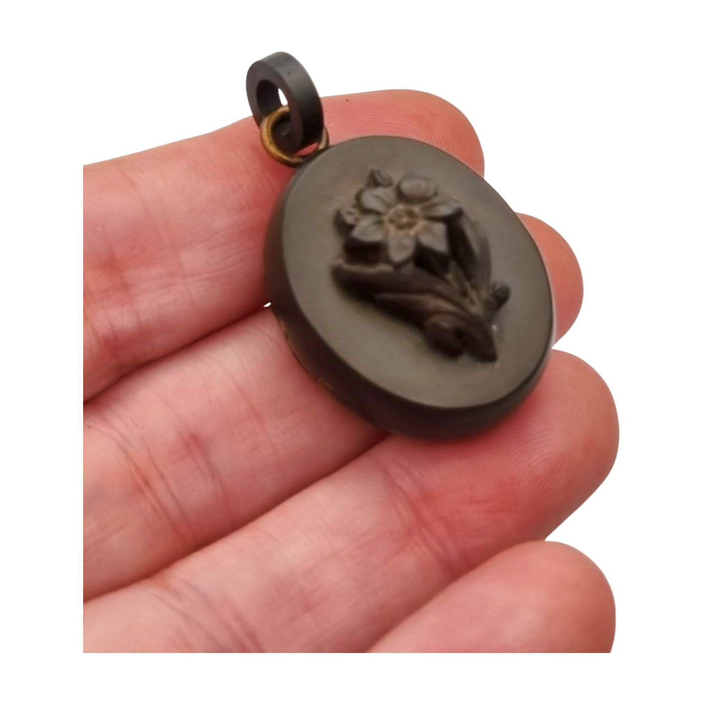 Guardapelo floral Victoriano antiguo de vulcanita, circa 1880-1900, joyería de luto