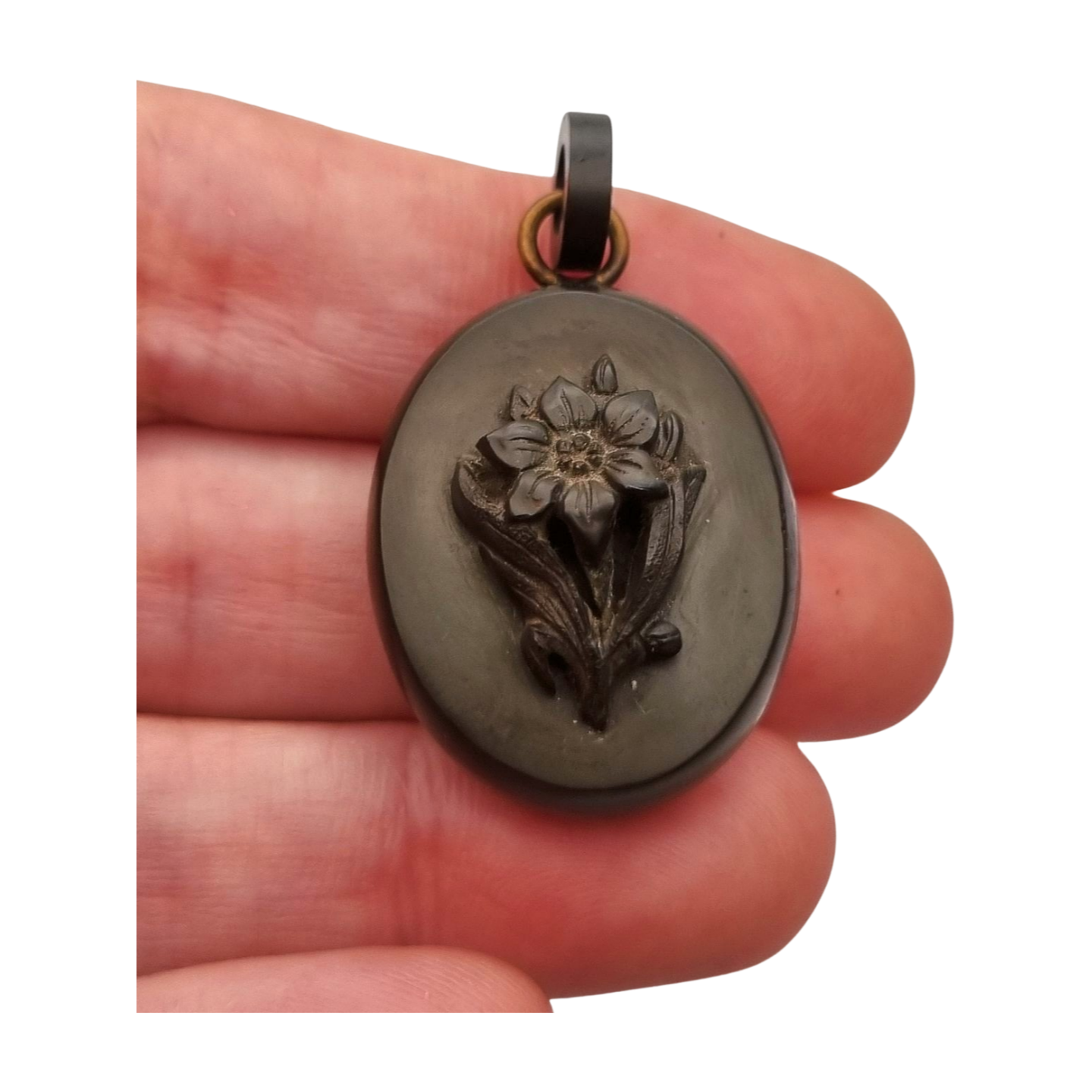 Guardapelo floral Victoriano antiguo de vulcanita, circa 1880-1900, joyería de luto